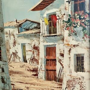Original Vintage Signed Oil Painting Spanish Village Bohemian Rustic Art Framed